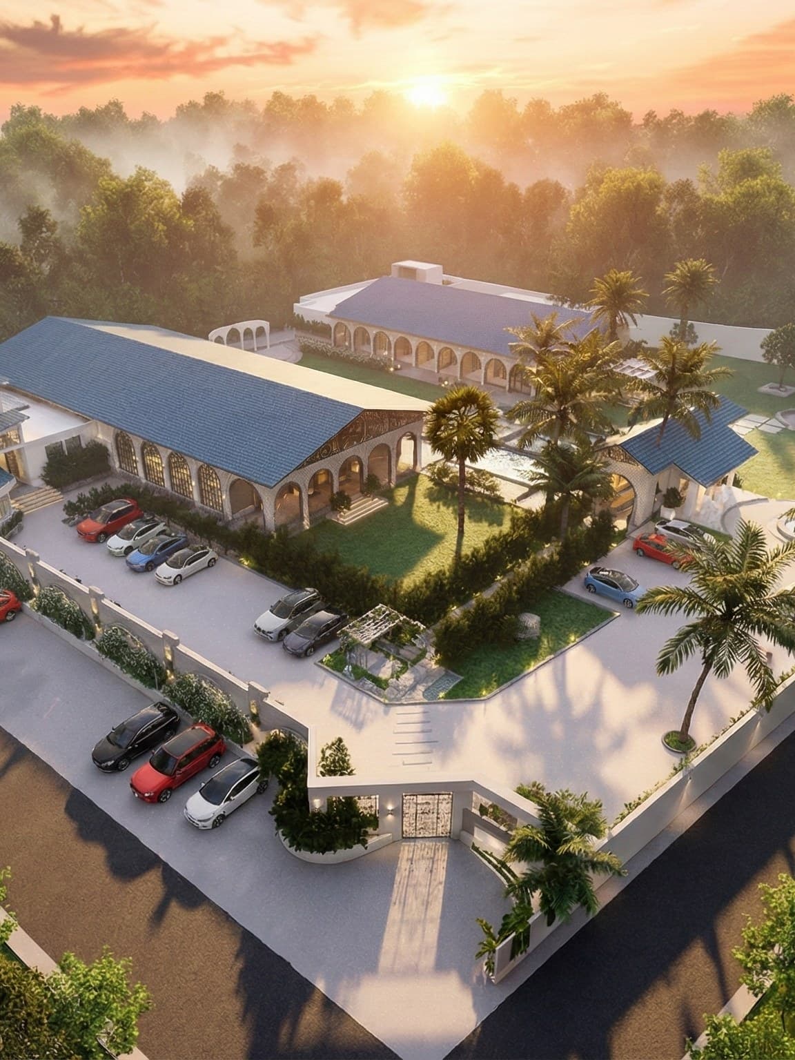Raivya Architects — aerial view of a project at sunset