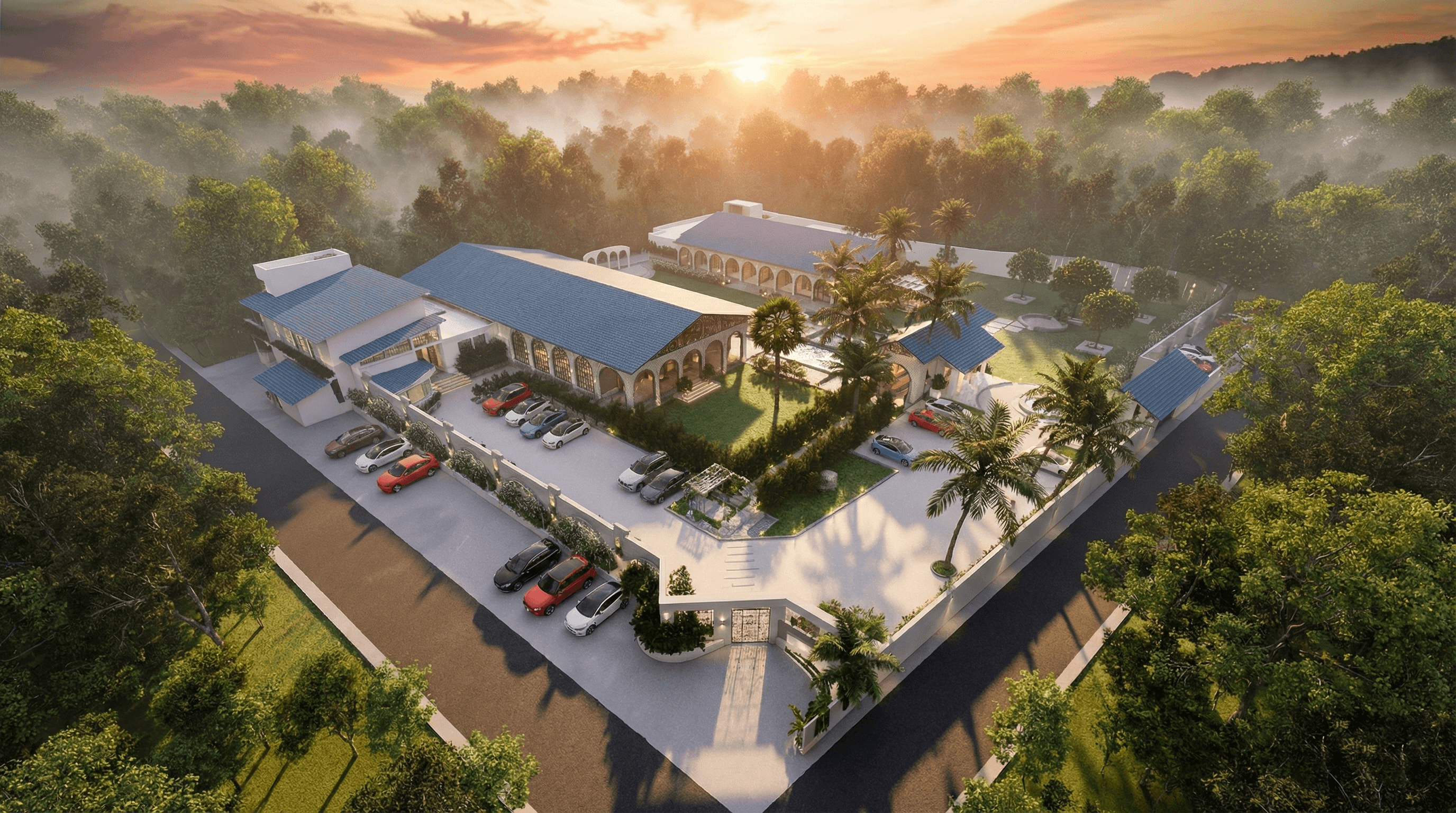 Raivya Architects — aerial view of a project at sunset
